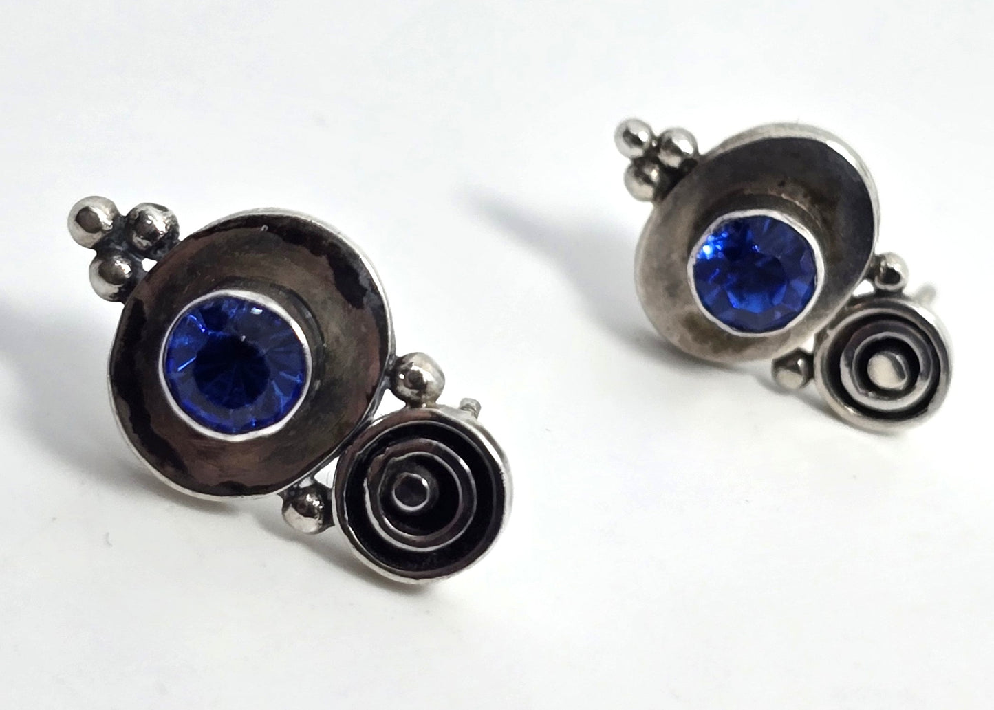 Blue cubic zirconia tribal Bali Balinese style sterling silver stud earrings