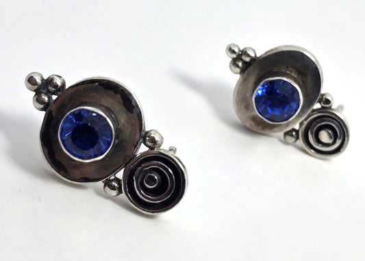 Blue cubic zirconia tribal Bali Balinese style sterling silver stud earrings