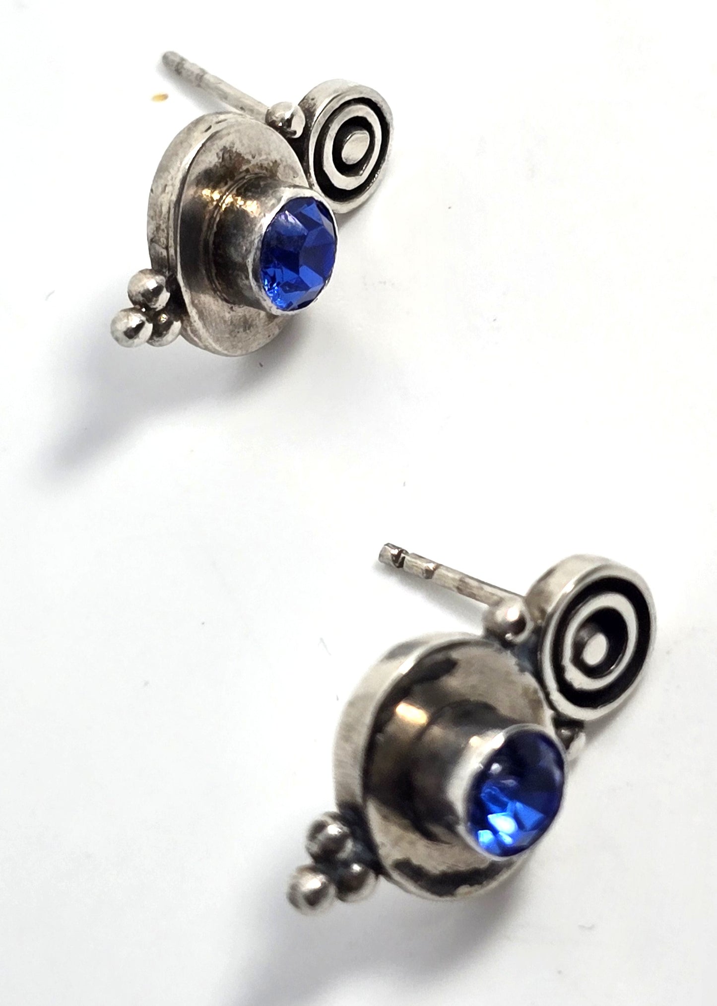 Blue cubic zirconia tribal Bali Balinese style sterling silver stud earrings