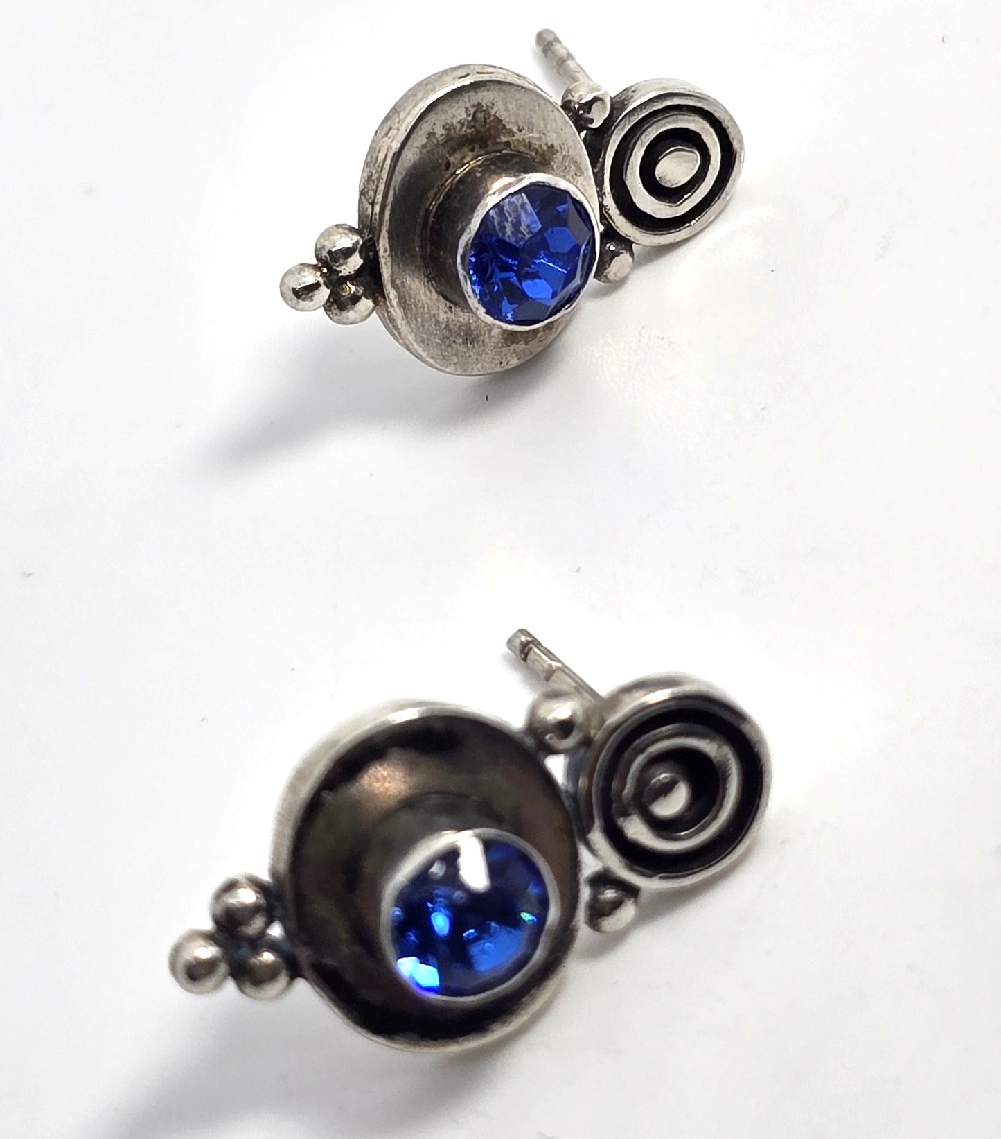 Blue cubic zirconia tribal Bali Balinese style sterling silver stud earrings