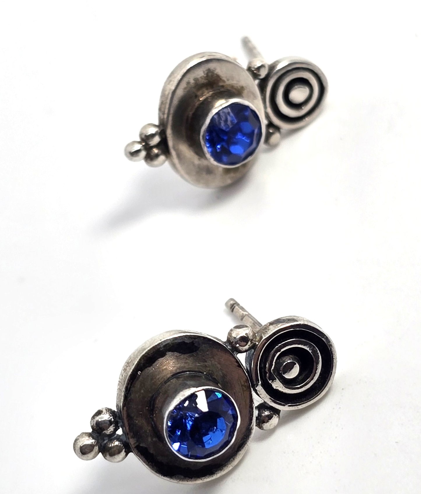 Blue cubic zirconia tribal Bali Balinese style sterling silver stud earrings