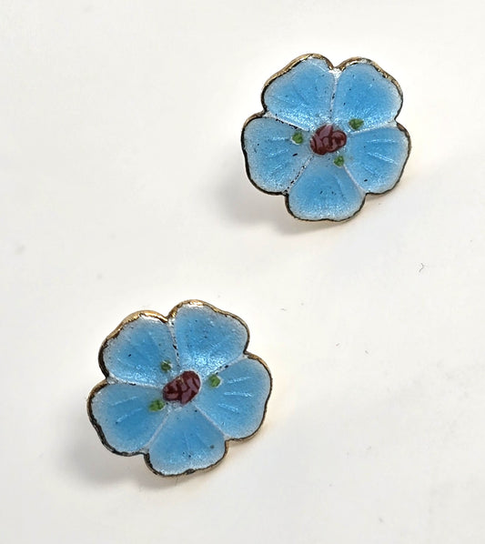 Blue guilloche Enamel forget me not flowers gold toned vintage stud earrings