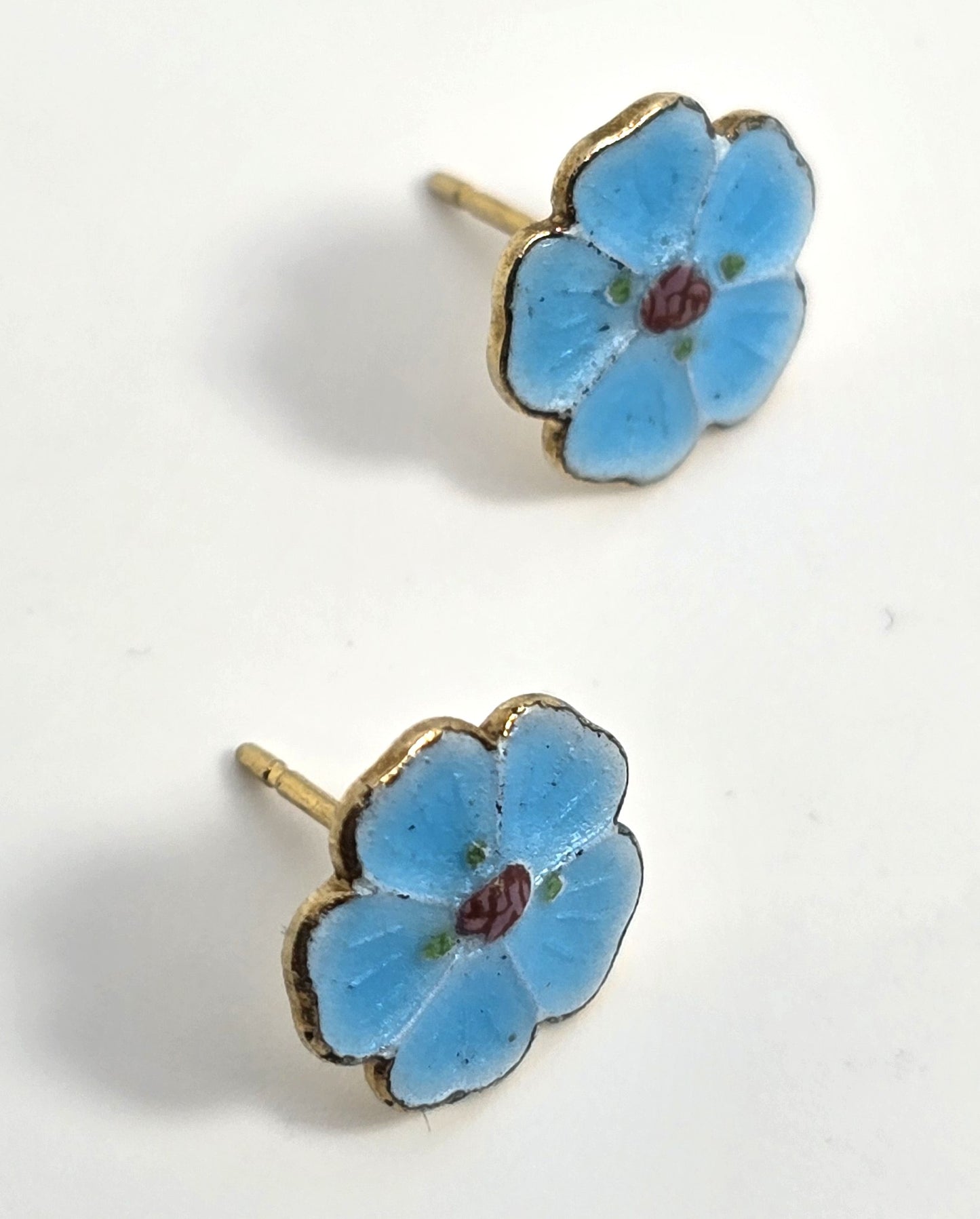 Blue guilloche Enamel forget me not flowers gold toned vintage stud earrings