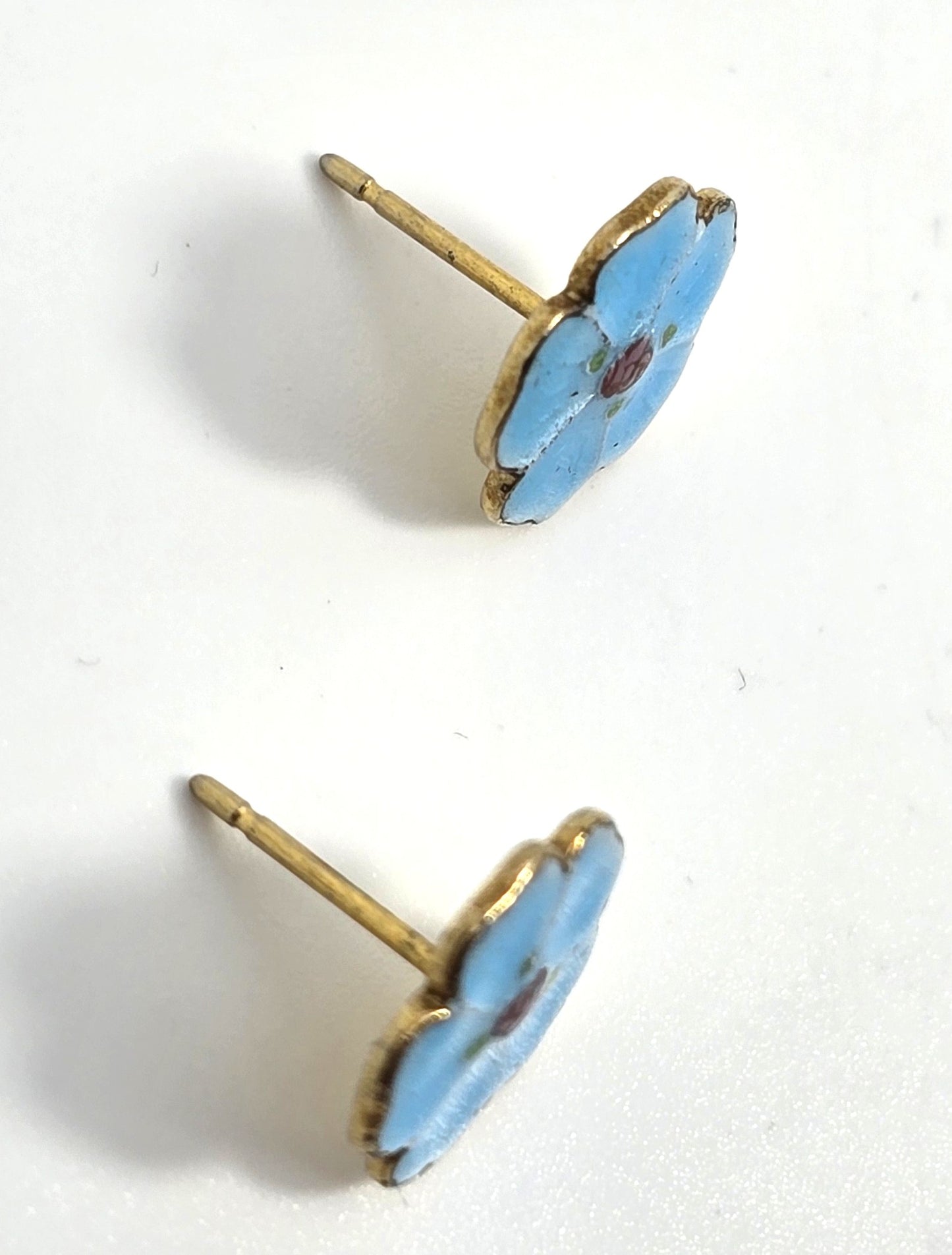 Blue guilloche Enamel forget me not flowers gold toned vintage stud earrings