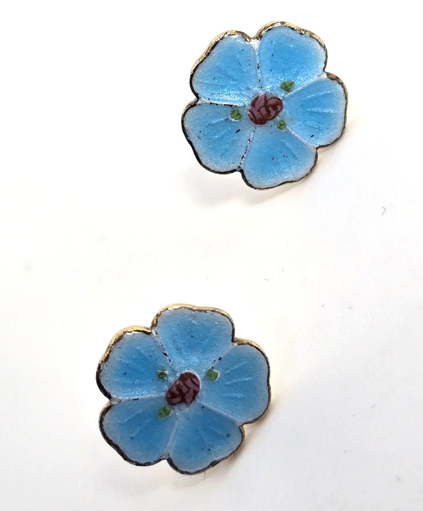 Blue guilloche Enamel forget me not flowers gold toned vintage stud earrings