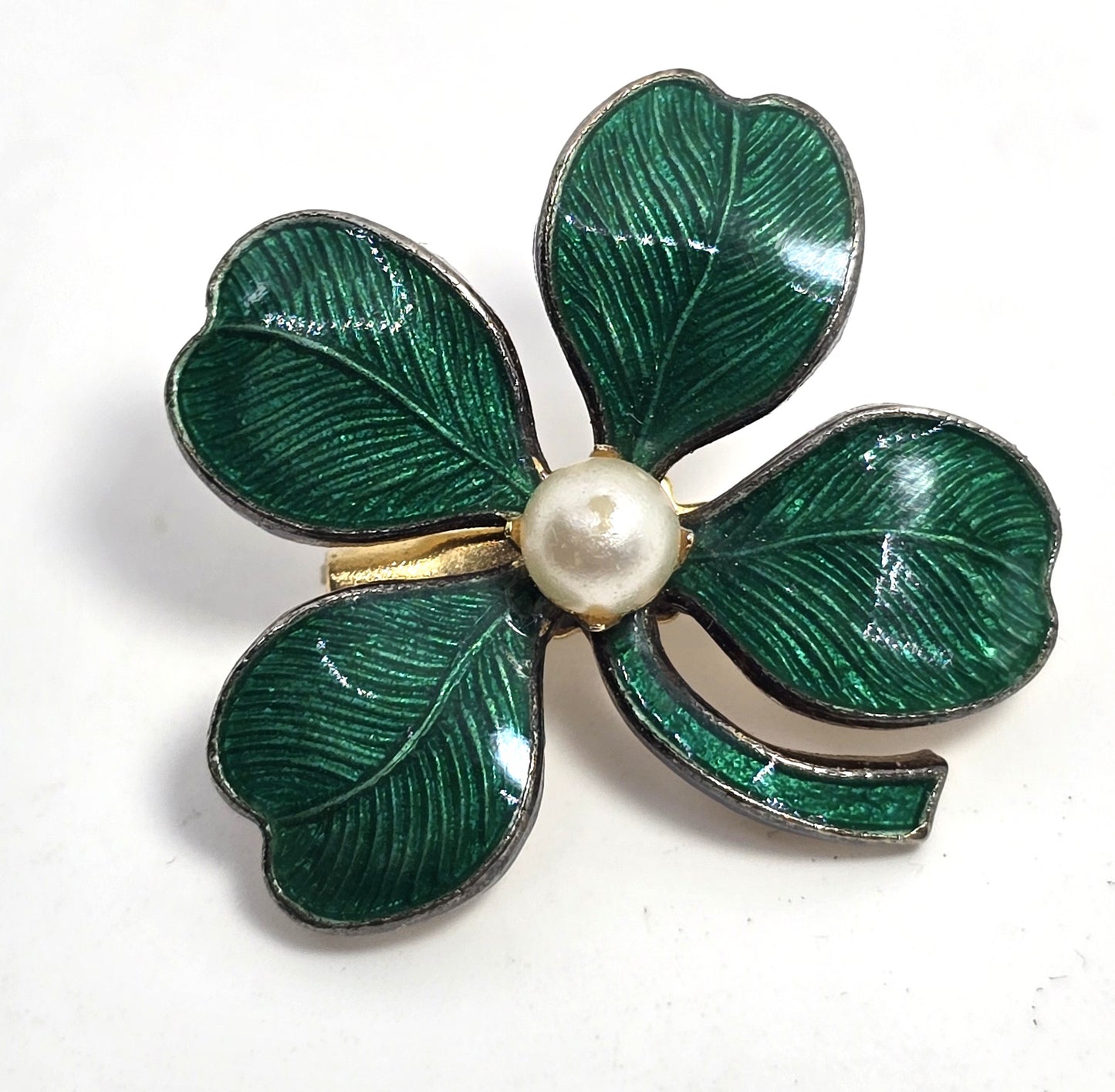 Green guilloche enamel shamrock vintage faux pearl brooch