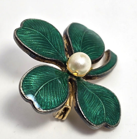 Green guilloche enamel shamrock vintage faux pearl brooch