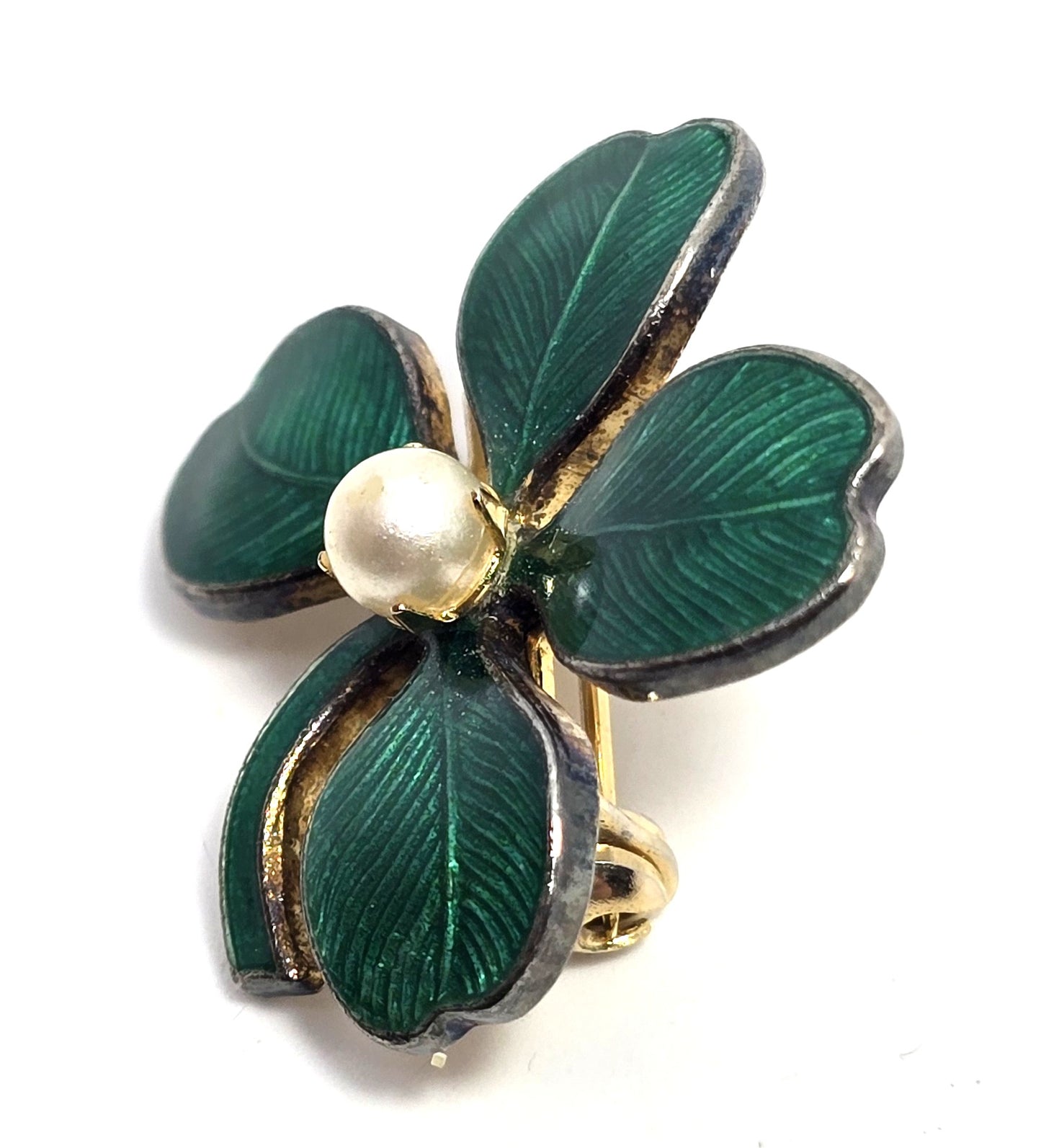 Green guilloche enamel shamrock vintage faux pearl brooch