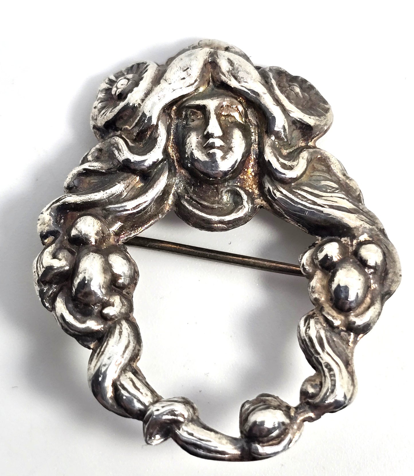 Art Nouveau flowing hair circle Nymph woman cameo sterling silver vintage brooch