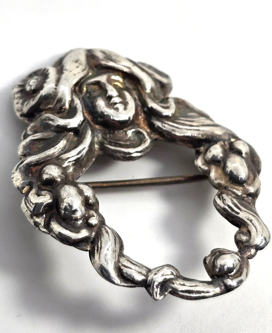 Art Nouveau flowing hair circle Nymph woman cameo sterling silver vintage brooch