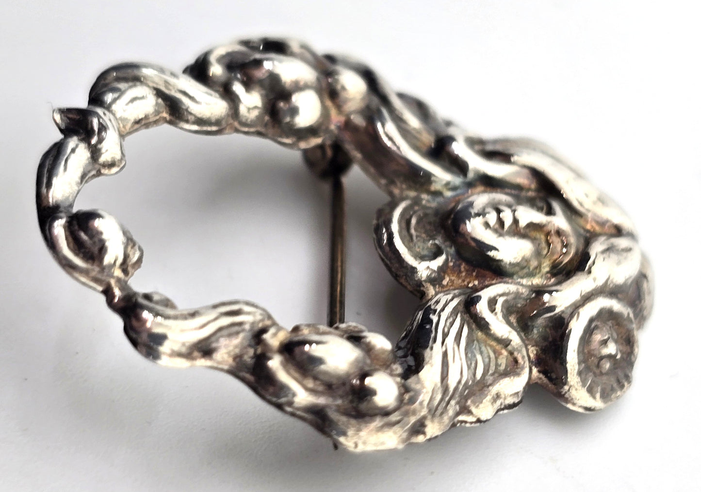 Art Nouveau flowing hair circle Nymph woman cameo sterling silver vintage brooch