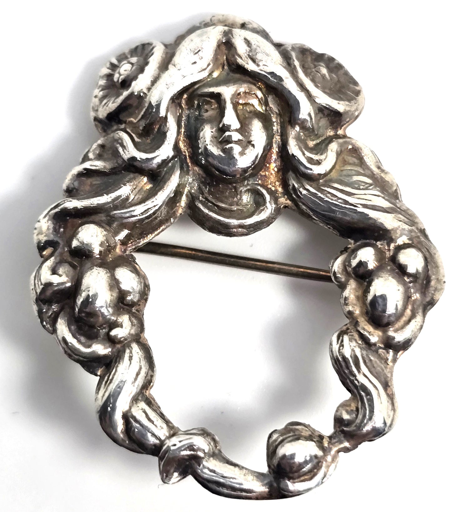 Art Nouveau flowing hair circle Nymph woman cameo sterling silver vintage brooch