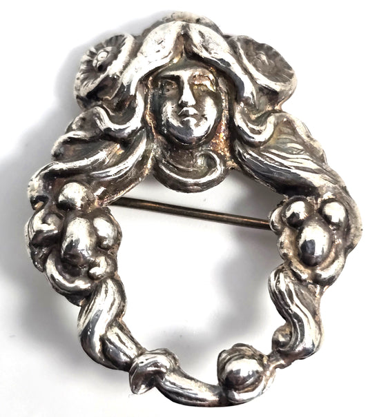 Art Nouveau flowing hair circle Nymph woman cameo sterling silver vintage brooch