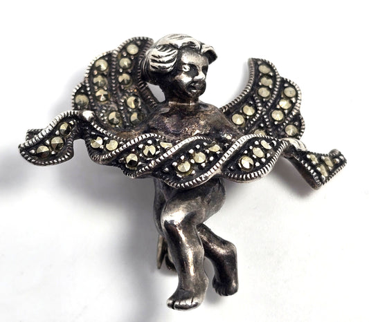 Judith Jack Cherub Cupid Putti marcasite Vintage Sterling Silver Brooch pin