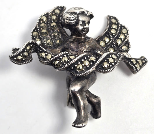Judith Jack Cherub Cupid Putti marcasite Vintage Sterling Silver Brooch pin