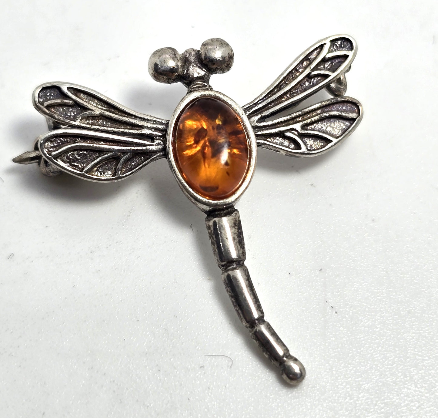 Baltic amber vintage sterling silver dragonfly bug brooch