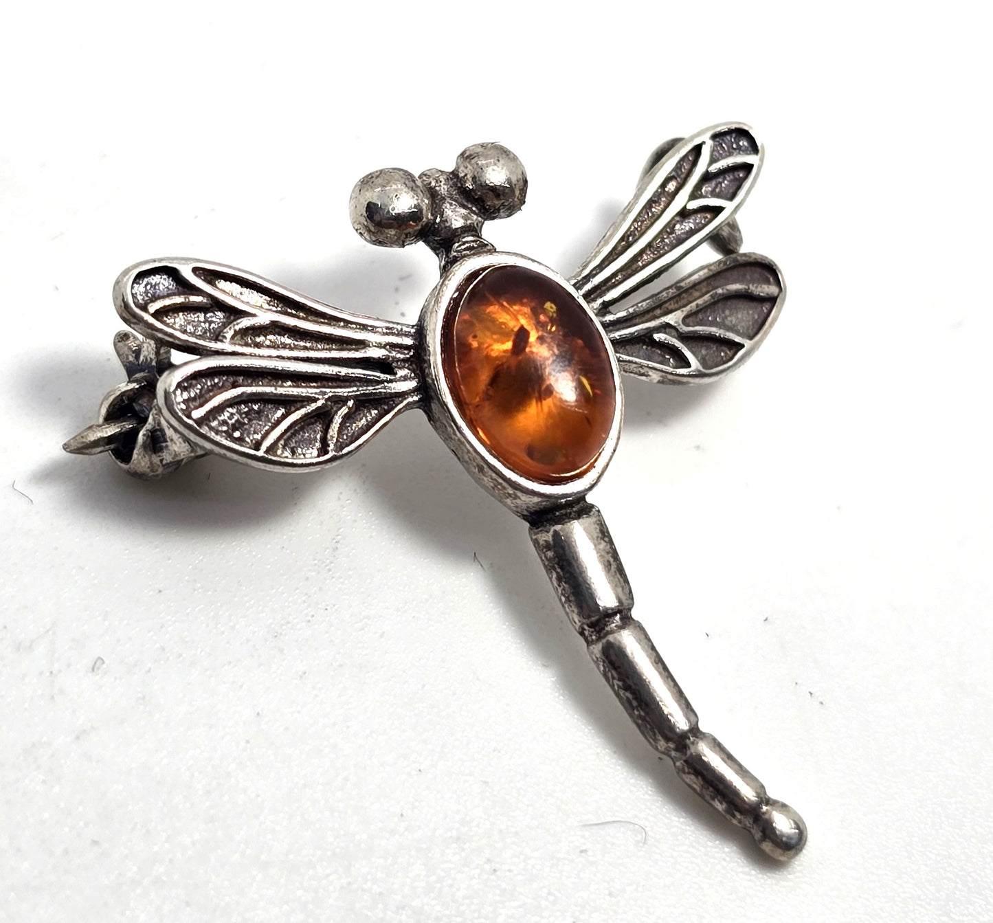 Baltic amber vintage sterling silver dragonfly bug brooch