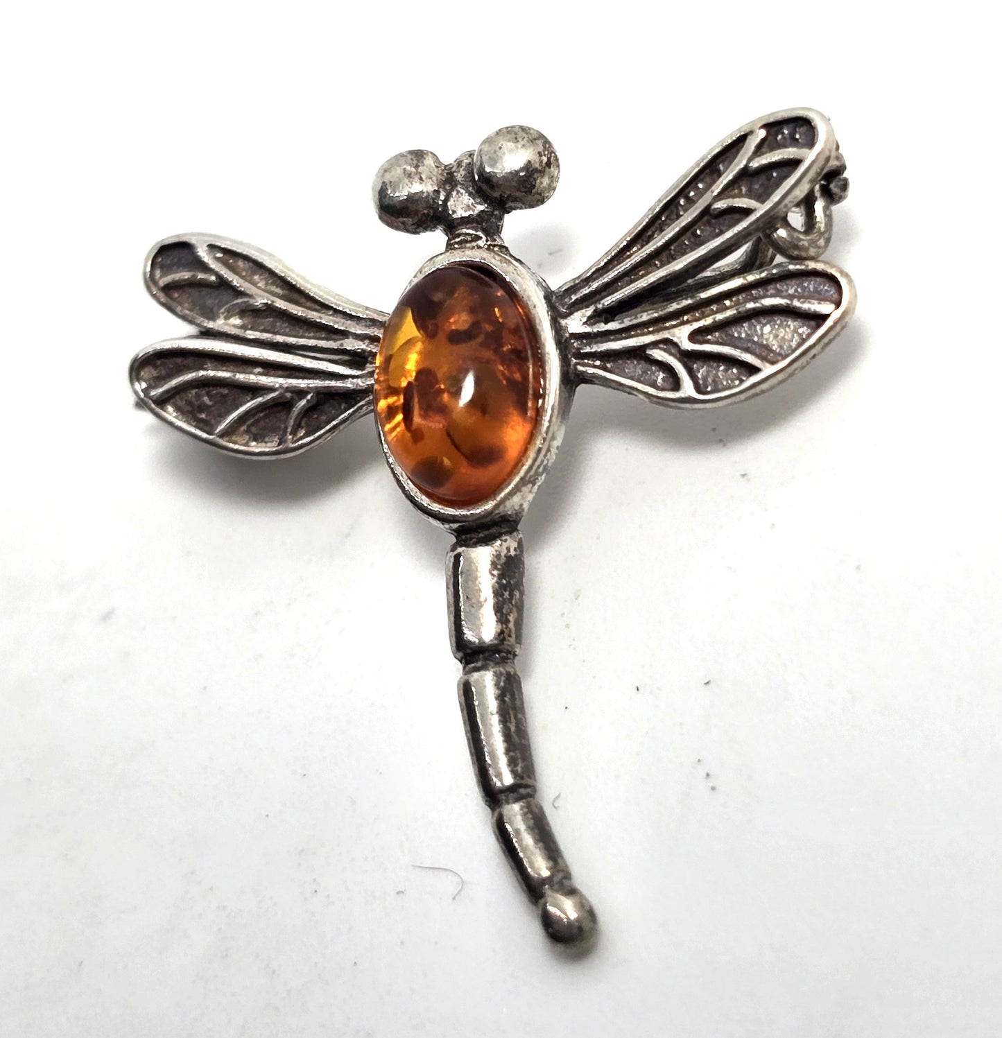 Baltic amber vintage sterling silver dragonfly bug brooch