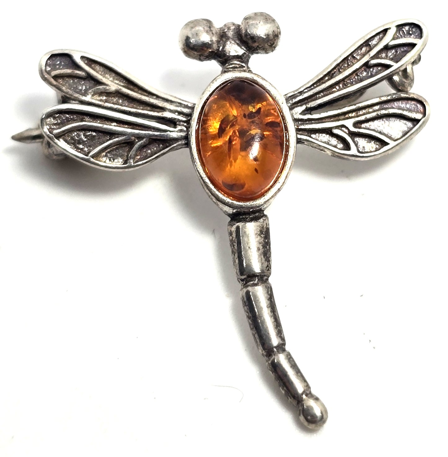 Baltic amber vintage sterling silver dragonfly bug brooch