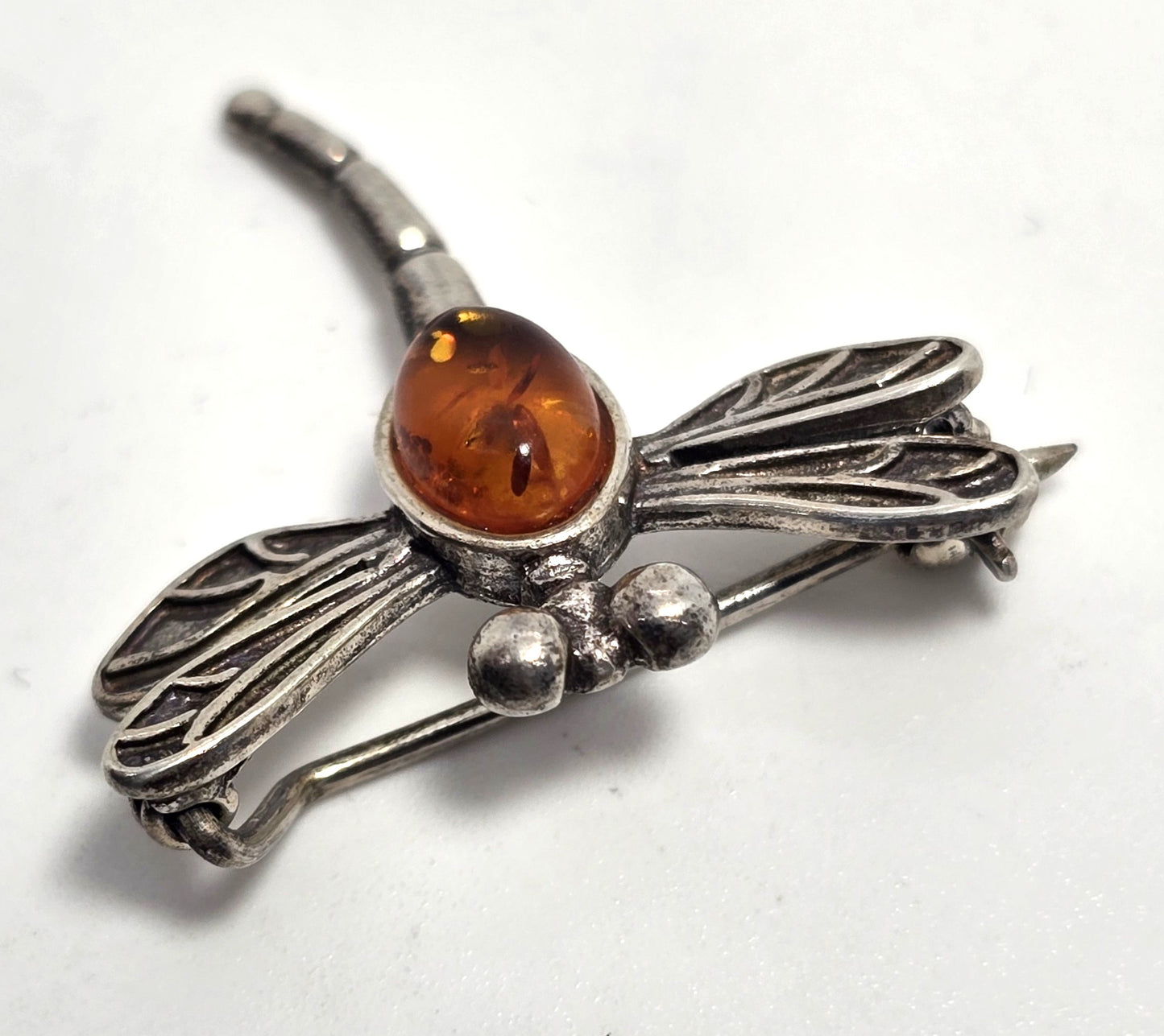 Baltic amber vintage sterling silver dragonfly bug brooch