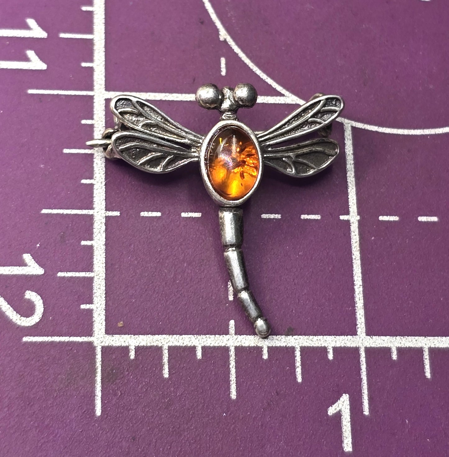 Baltic amber vintage sterling silver dragonfly bug brooch