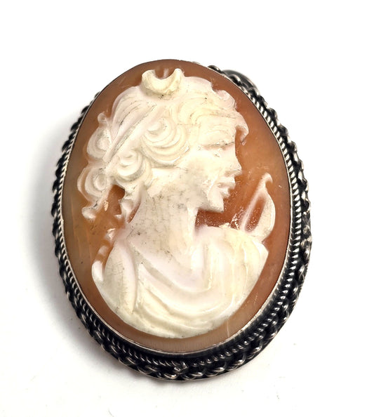 Cameo Carved shell moon goddess woman sterling silver vintage pendant brooch