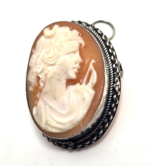 Cameo Carved shell moon goddess woman sterling silver vintage pendant brooch