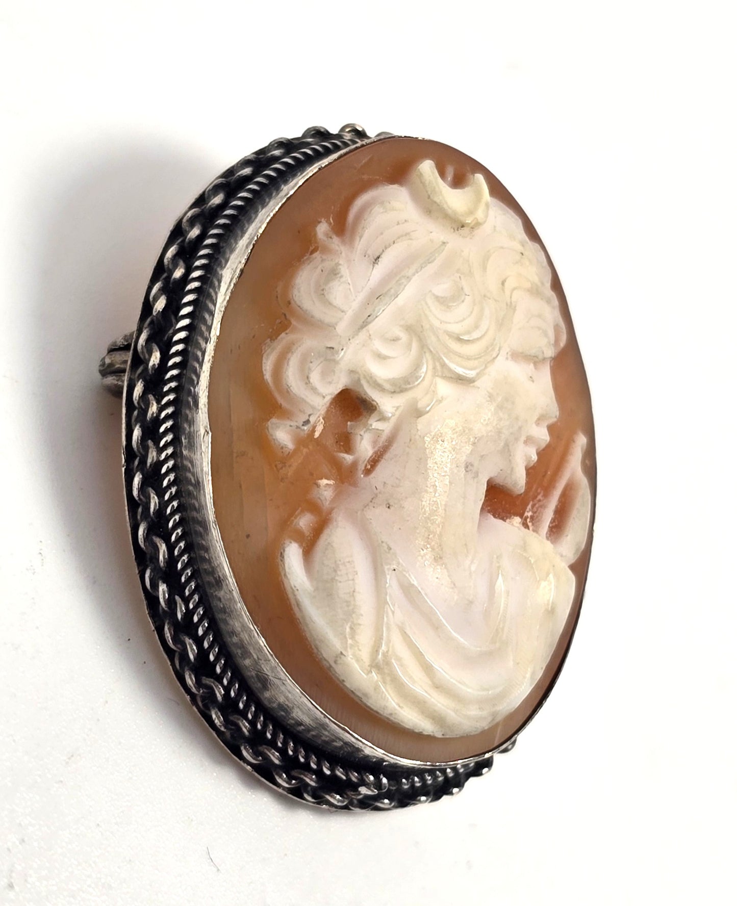 Cameo Carved shell moon goddess woman sterling silver vintage pendant brooch