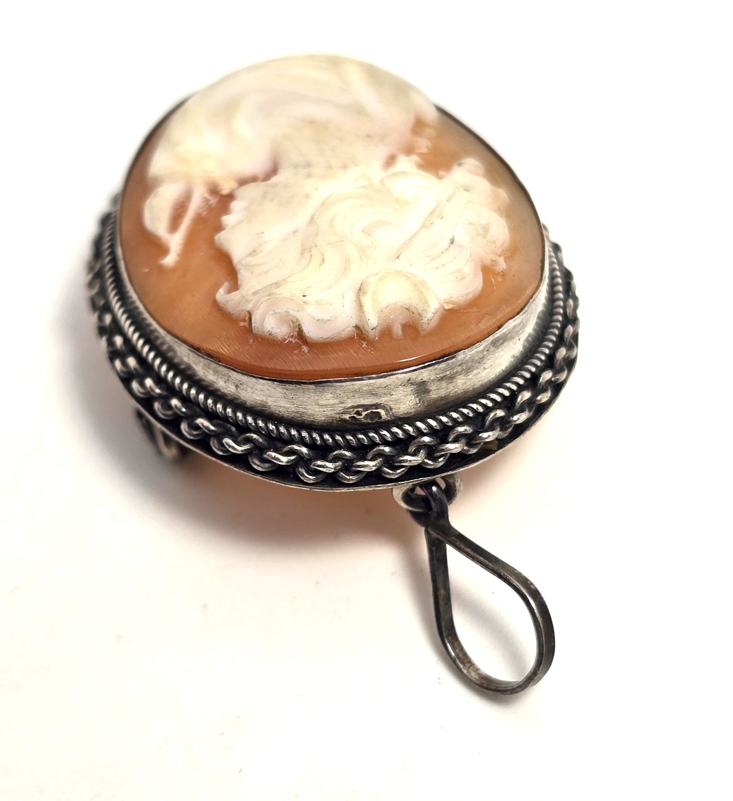 Cameo Carved shell moon goddess woman sterling silver vintage pendant brooch