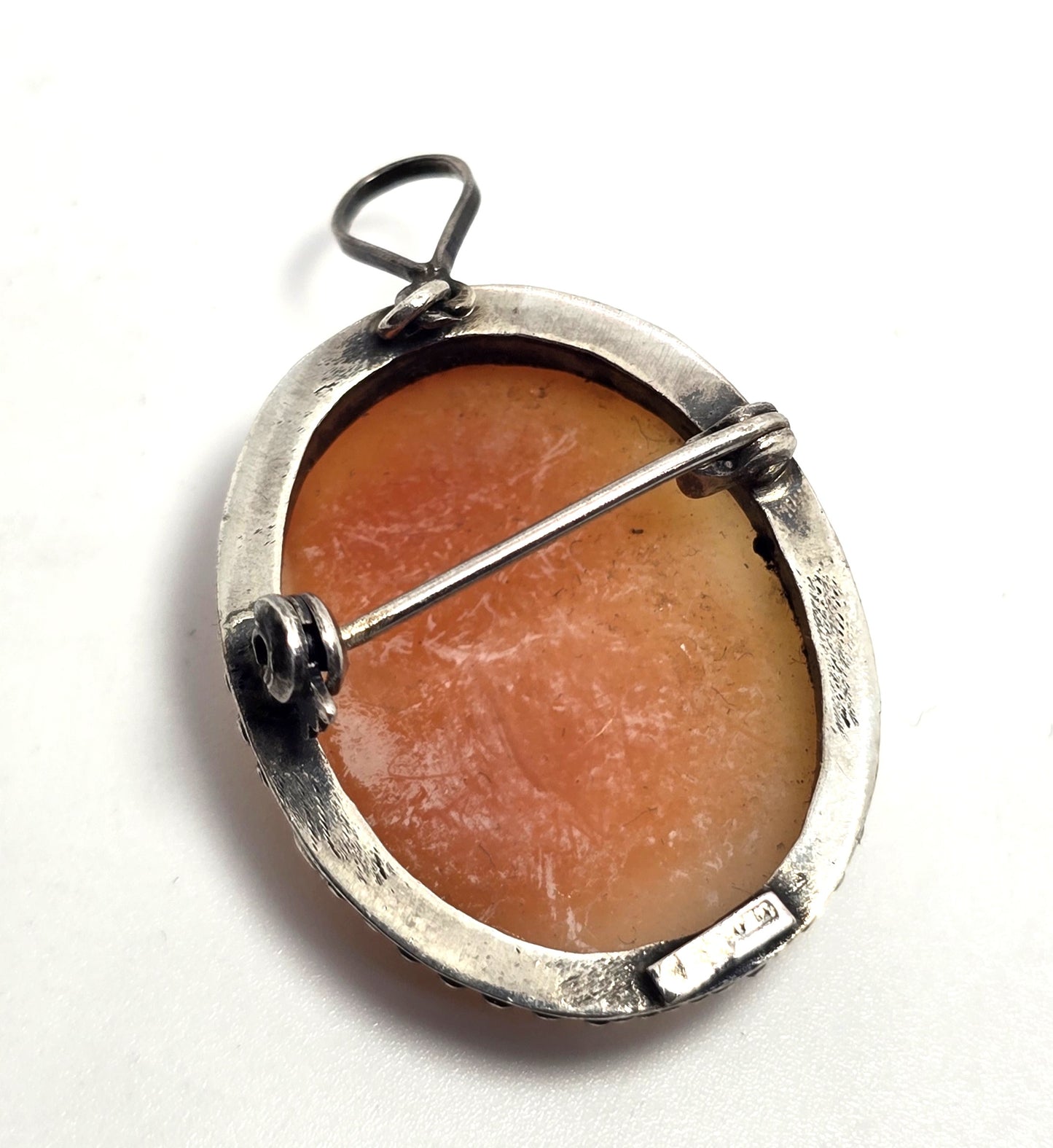 Cameo Carved shell moon goddess woman sterling silver vintage pendant brooch