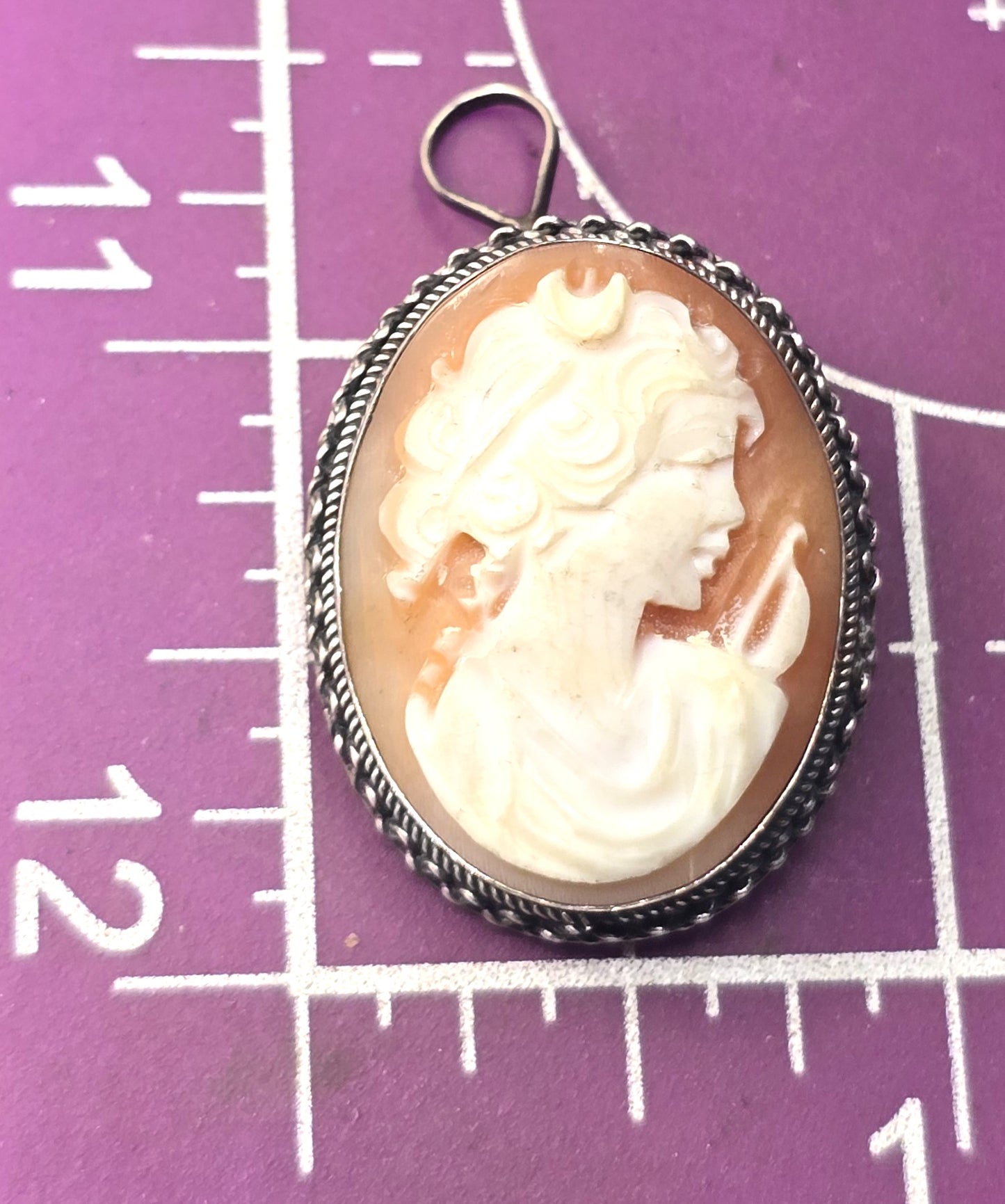 Cameo Carved shell moon goddess woman sterling silver vintage pendant brooch