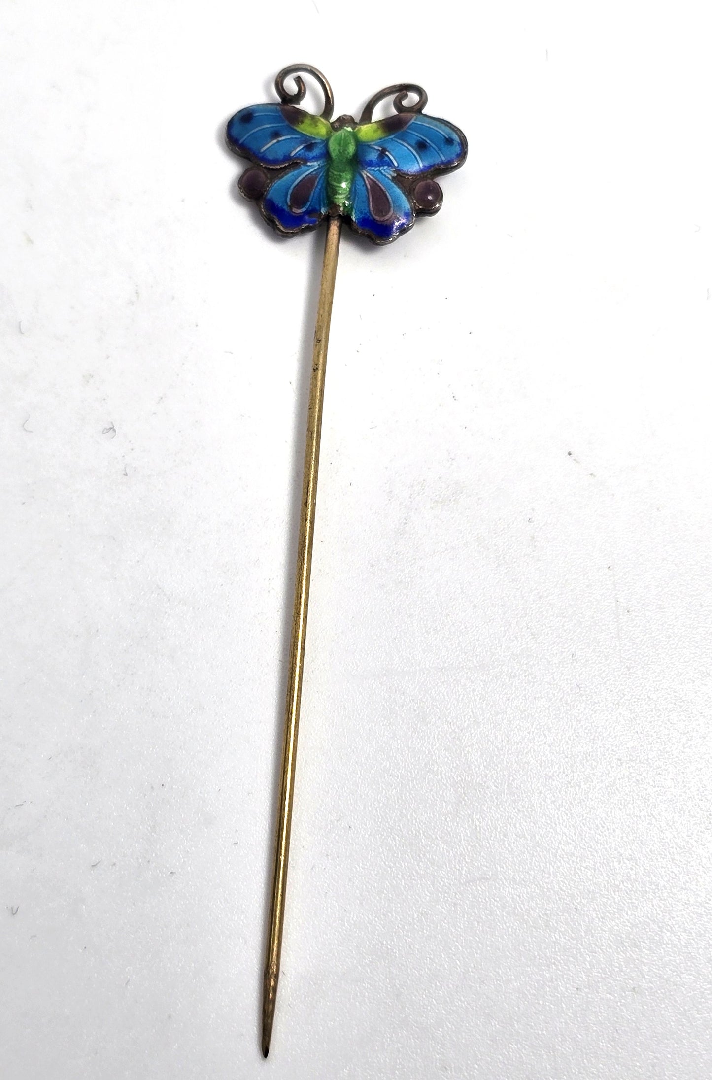 Chinese Export Blue Butterfly Cloisonne enamel vintage vermeil sterling silver stick pin