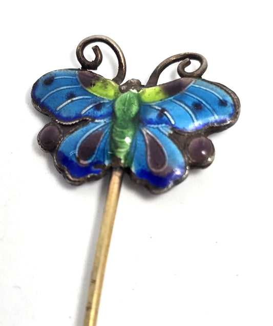 Chinese Export Blue Butterfly Cloisonne enamel vintage vermeil sterling silver stick pin