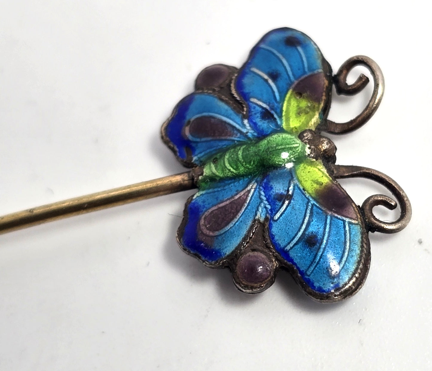 Chinese Export Blue Butterfly Cloisonne enamel vintage vermeil sterling silver stick pin