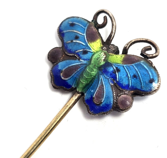 Chinese Export Blue Butterfly Cloisonne enamel vintage vermeil sterling silver stick pin