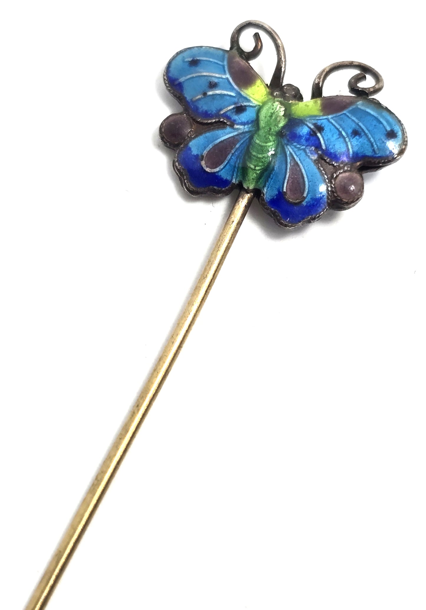 Chinese Export Blue Butterfly Cloisonne enamel vintage vermeil sterling silver stick pin