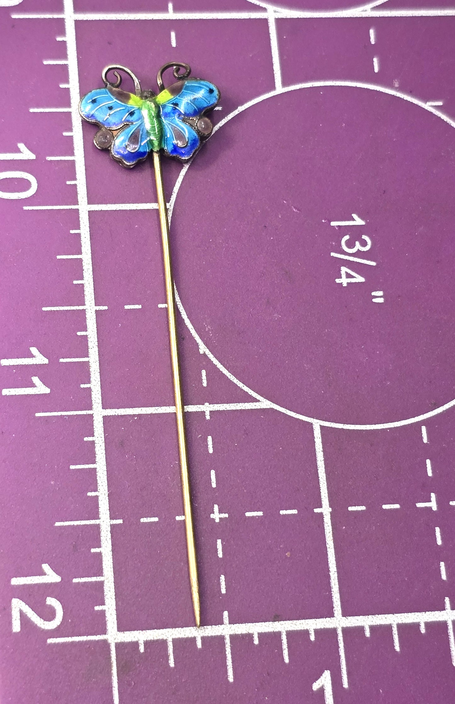 Chinese Export Blue Butterfly Cloisonne enamel vintage vermeil sterling silver stick pin