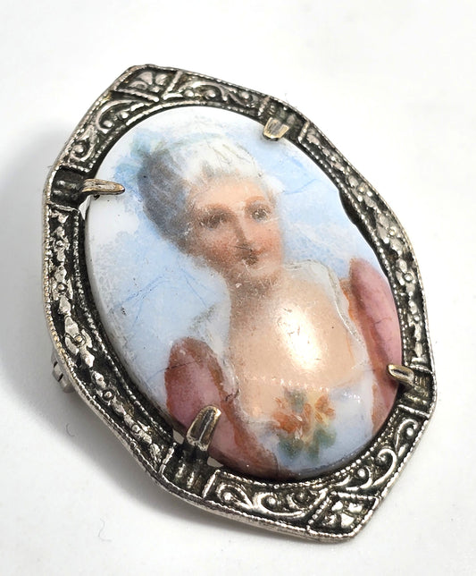Blue Cameo women Painted Porcelain Rhodium plated vintage cameo brooch