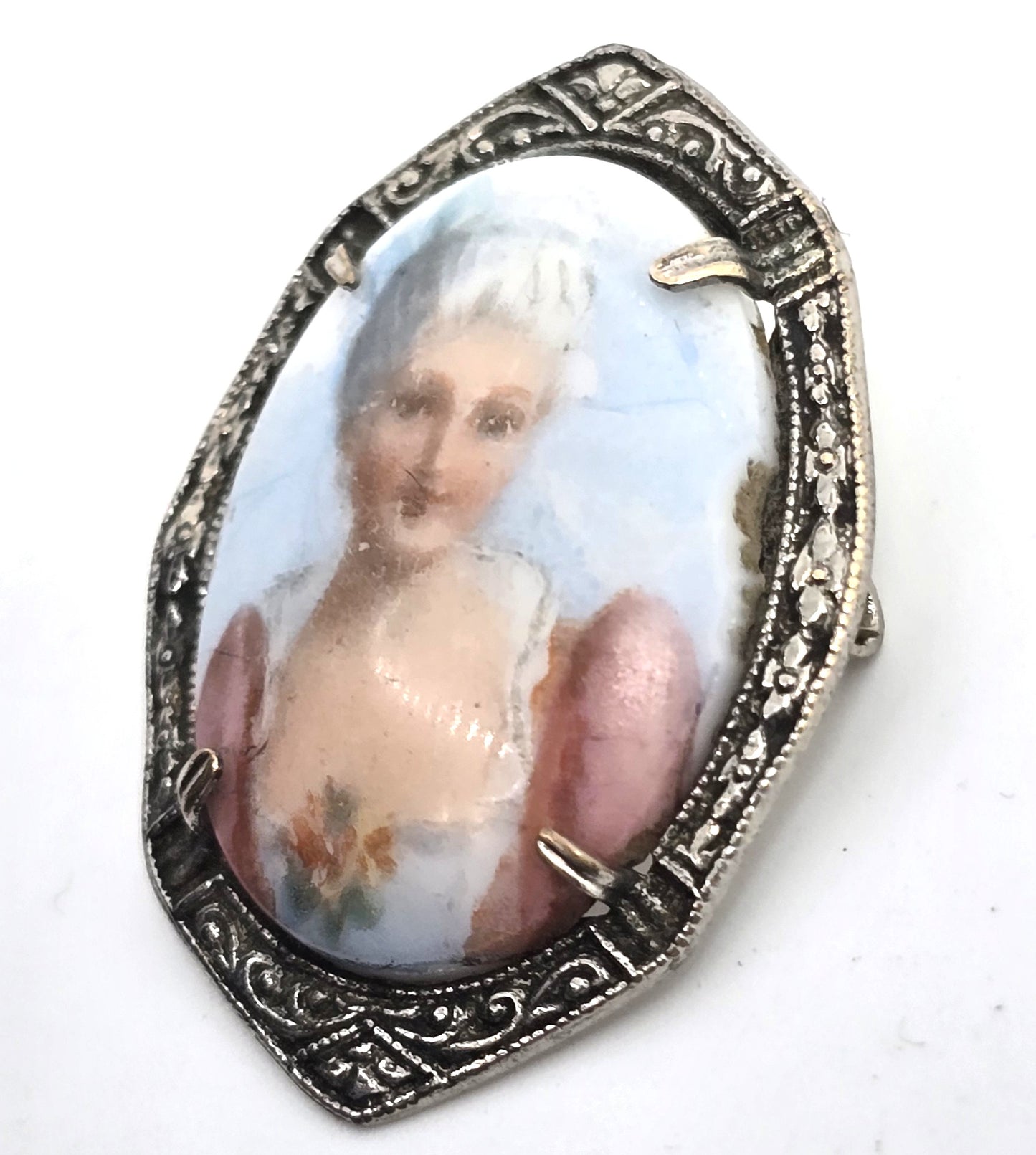 Blue Cameo women Painted Porcelain Rhodium plated vintage cameo brooch