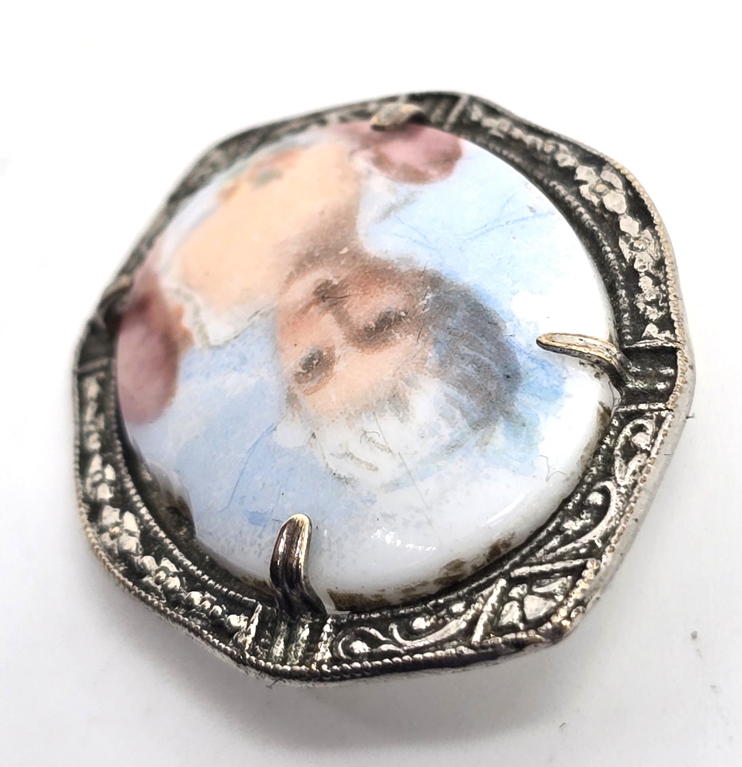 Blue Cameo women Painted Porcelain Rhodium plated vintage cameo brooch