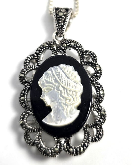 Cameo Mother of Pearl MOP marcasite sterling silver vintage necklace