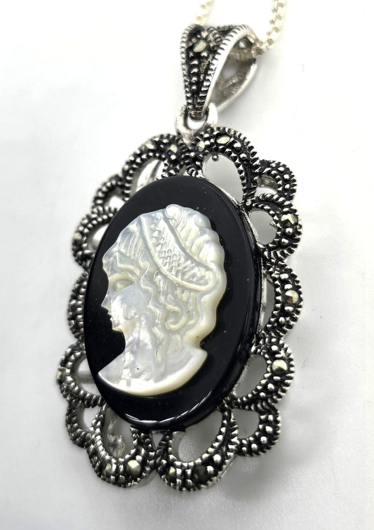 Cameo Mother of Pearl MOP marcasite sterling silver vintage necklace