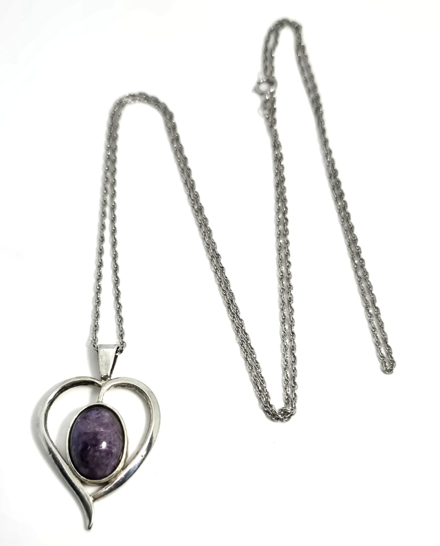 Charoite Purple gemstone heart sterling silver vintage pendant necklace