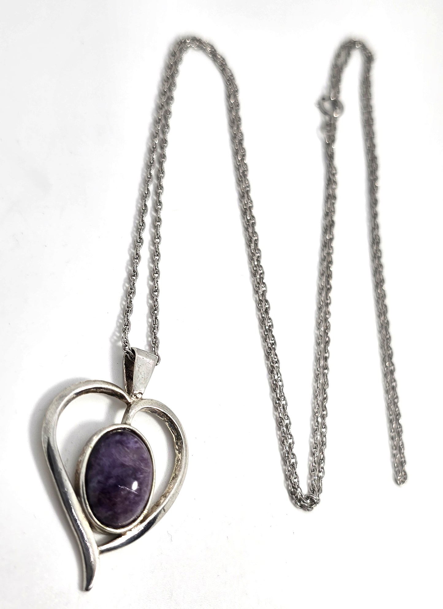 Charoite Purple gemstone heart sterling silver vintage pendant necklace