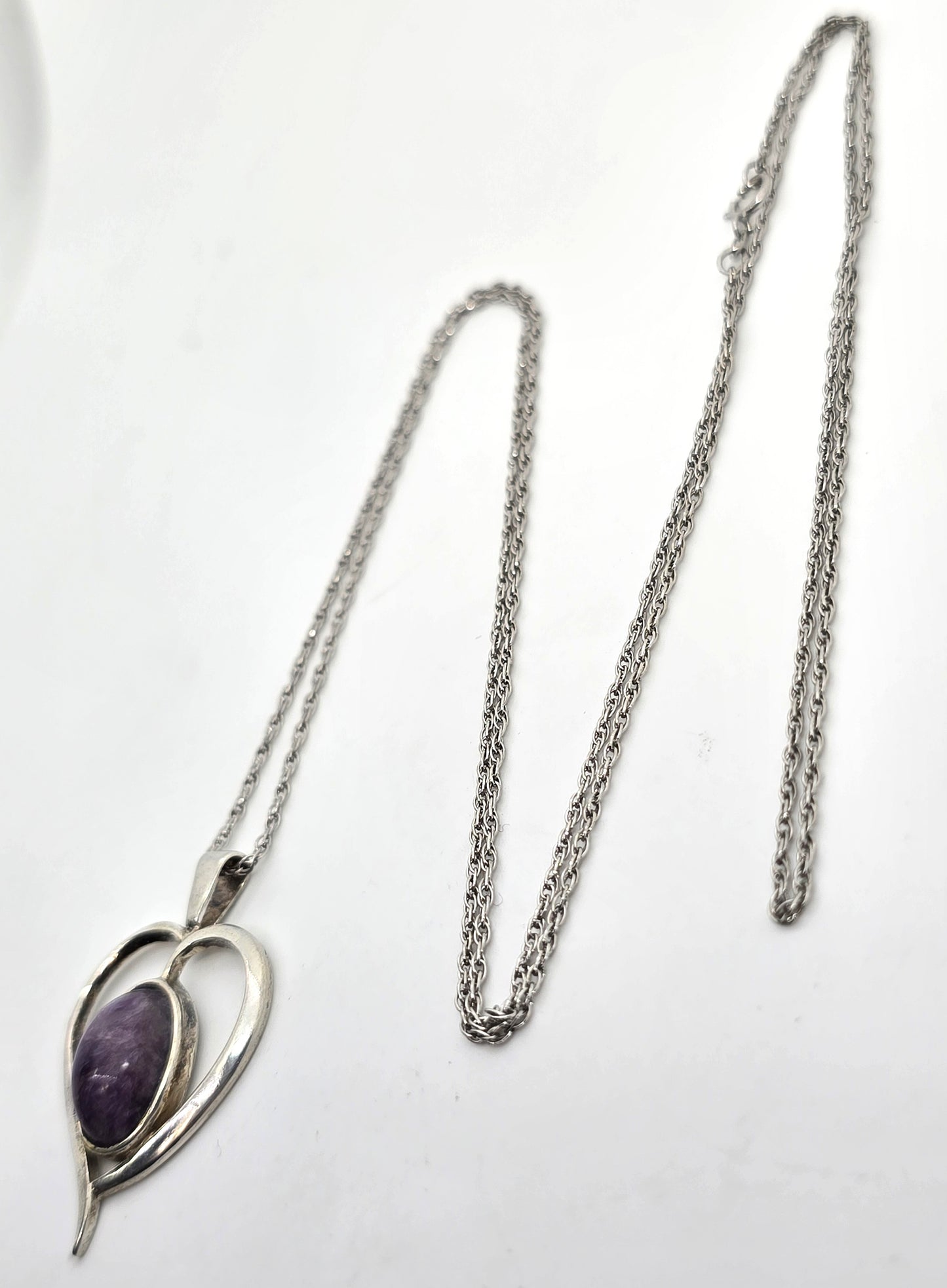 Charoite Purple gemstone heart sterling silver vintage pendant necklace