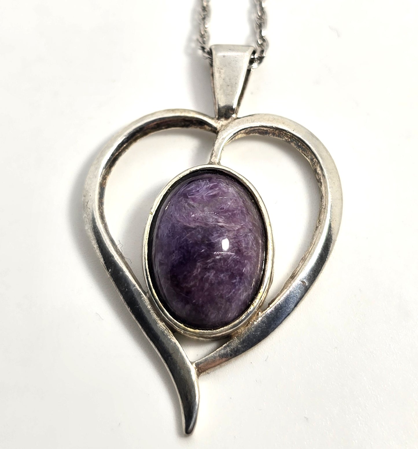 Charoite Purple gemstone heart sterling silver vintage pendant necklace