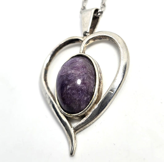 Charoite Purple gemstone heart sterling silver vintage pendant necklace