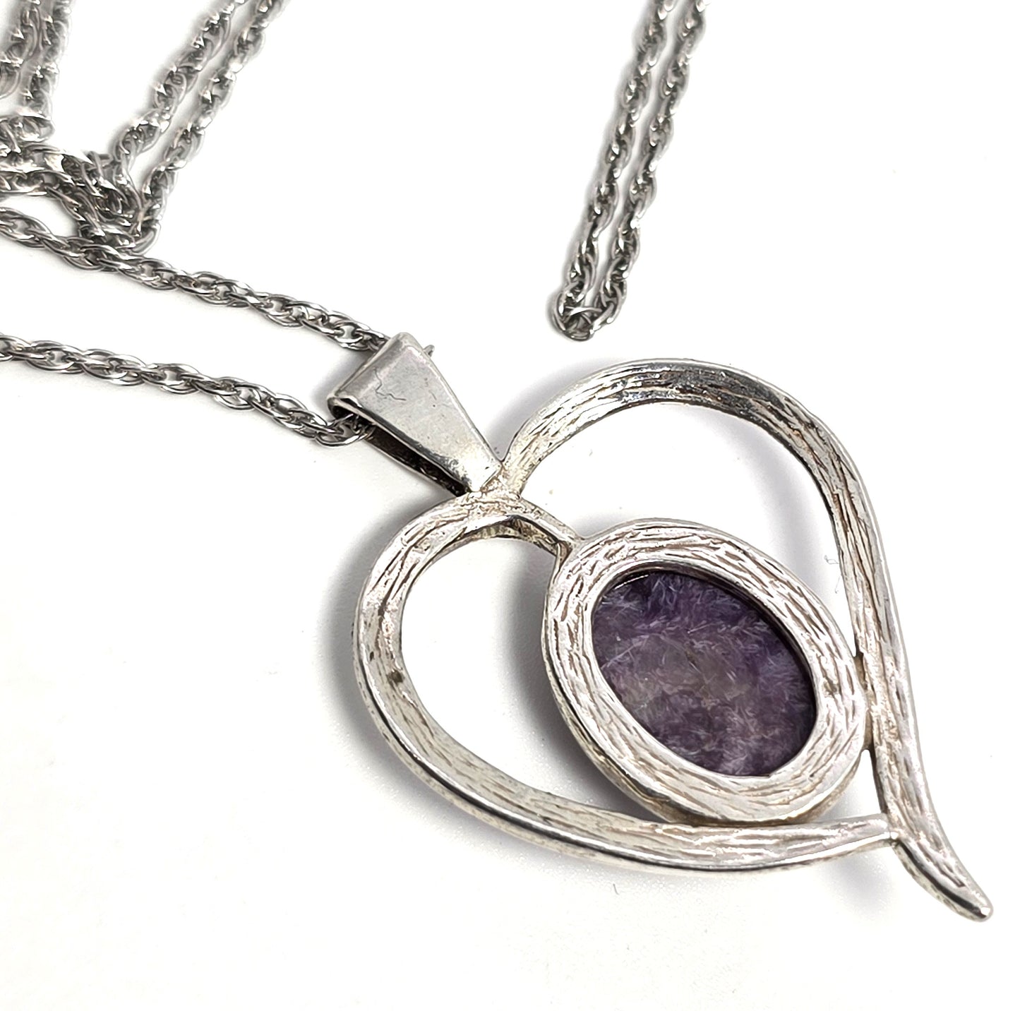 Charoite Purple gemstone heart sterling silver vintage pendant necklace
