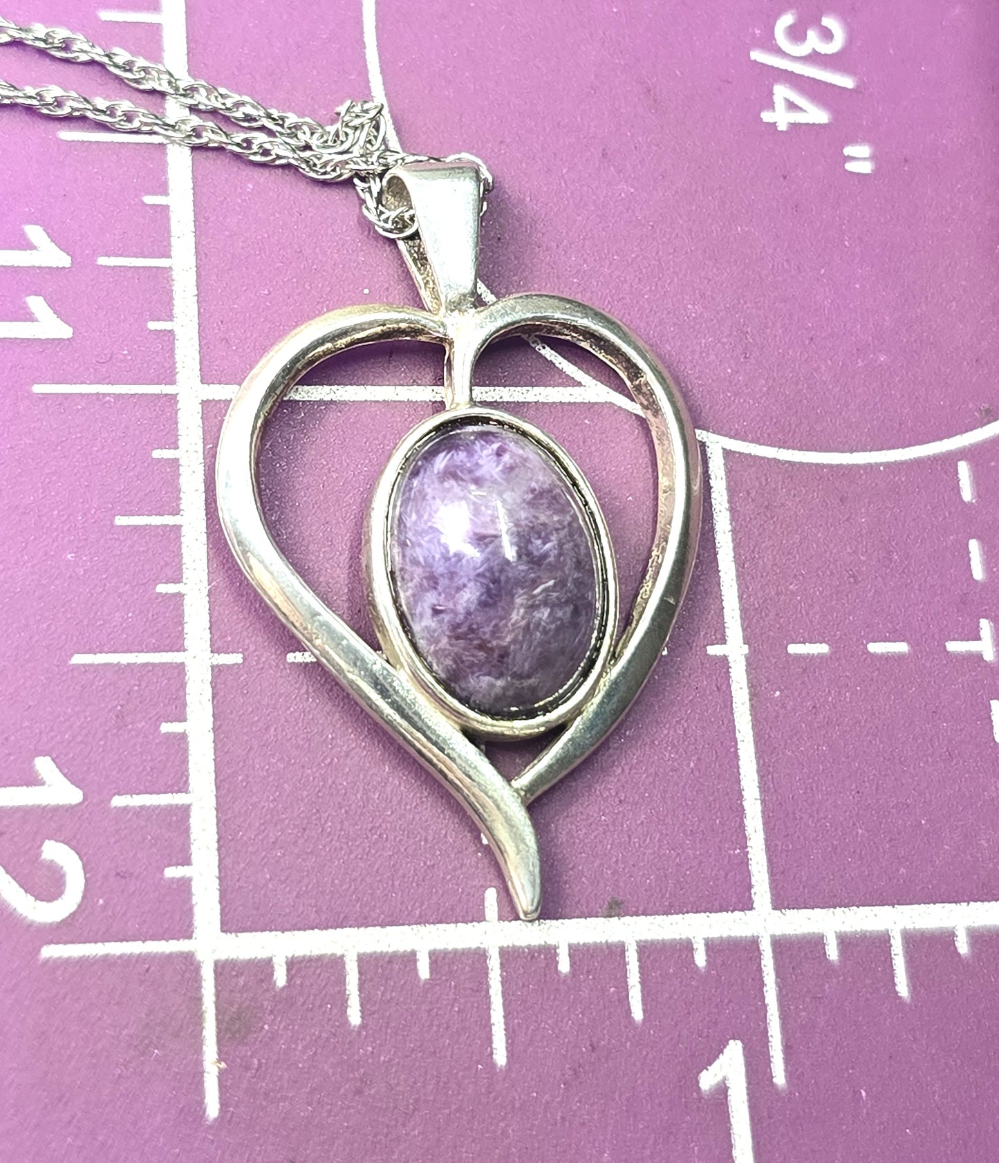 Charoite Purple gemstone heart sterling silver vintage pendant necklace