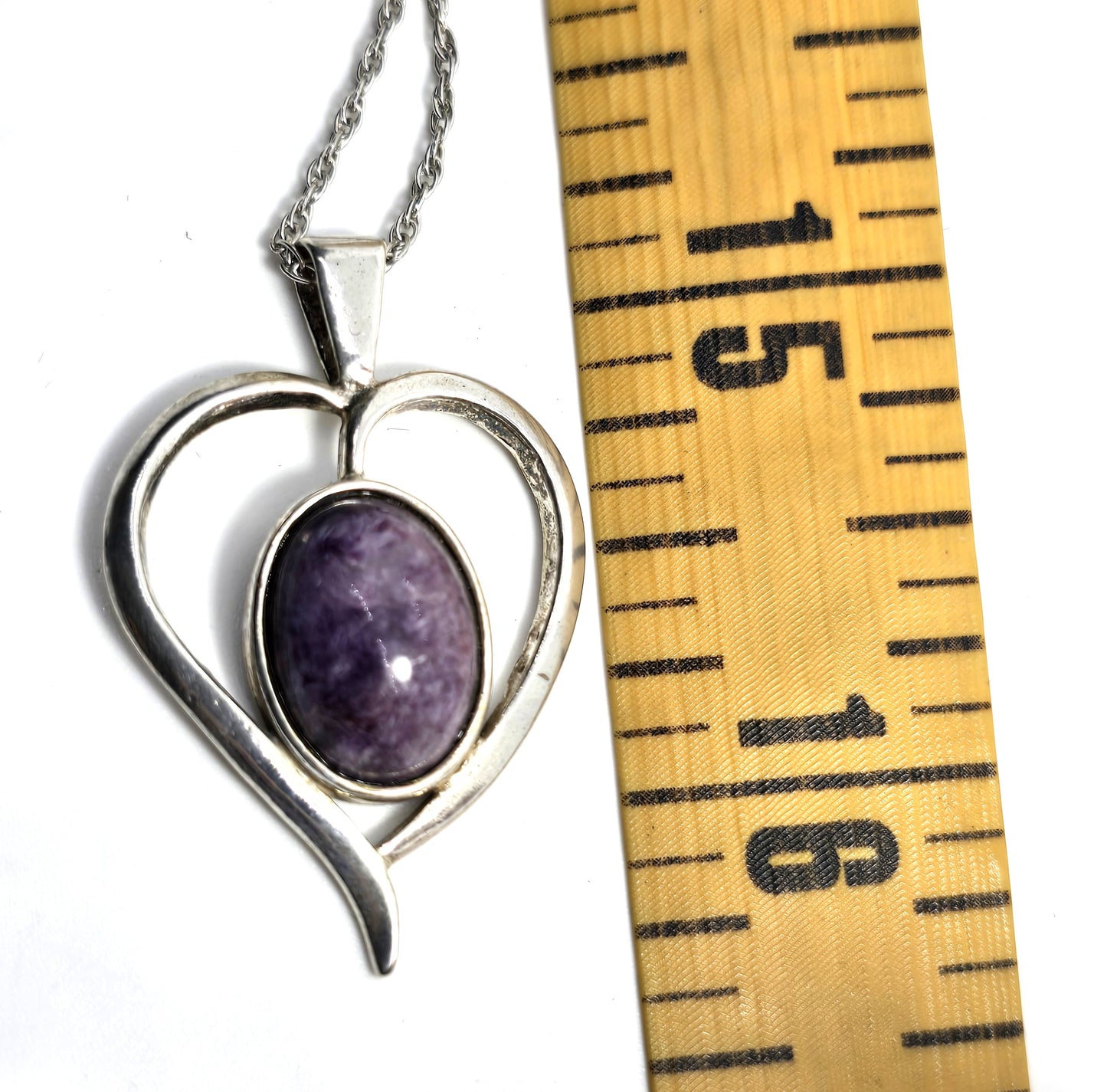 Charoite Purple gemstone heart sterling silver vintage pendant necklace